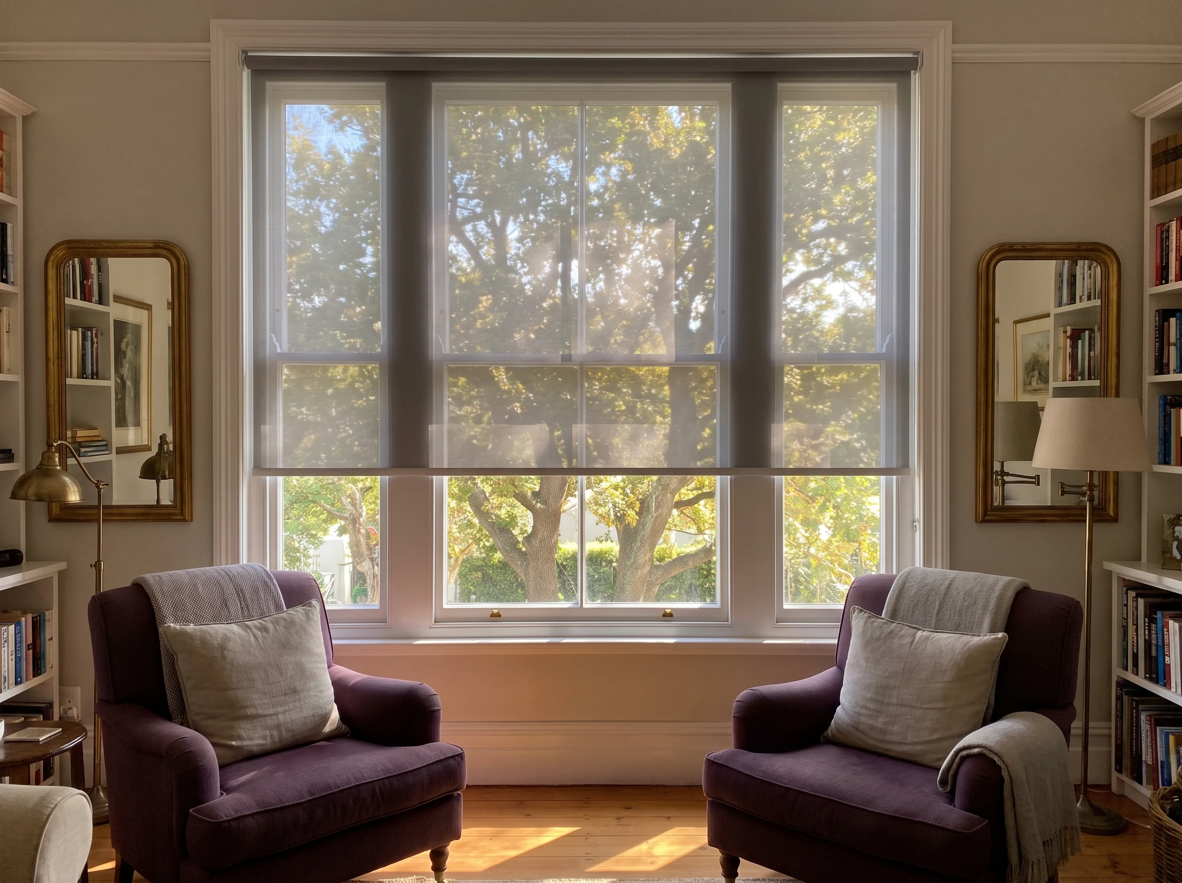 Flat sunscreen mesh roller blind lowered across a sash window in an Edwardian Rondebosch living room