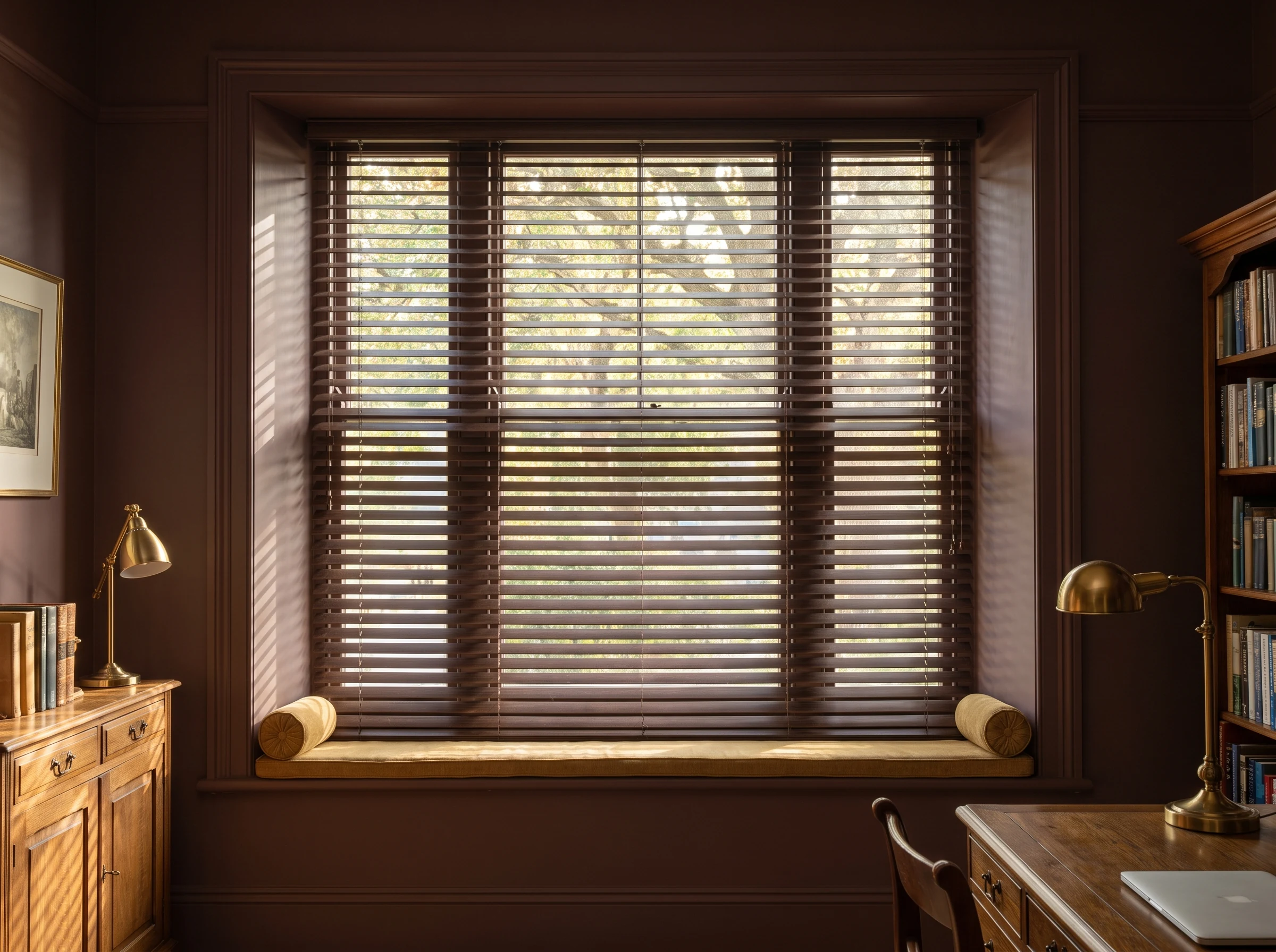 Wide timber venetian blind slats fitted into a deep Victorian sash-window reveal in a Rondebosch home